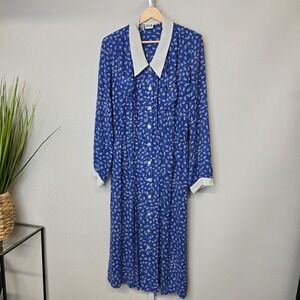 Vintage Womens Blue White Print Dress Sun Dress Casual Day Dress‎ 16W
